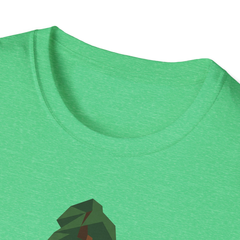 Bright green crew-neck T-shirt; geometric redwood tree print detail