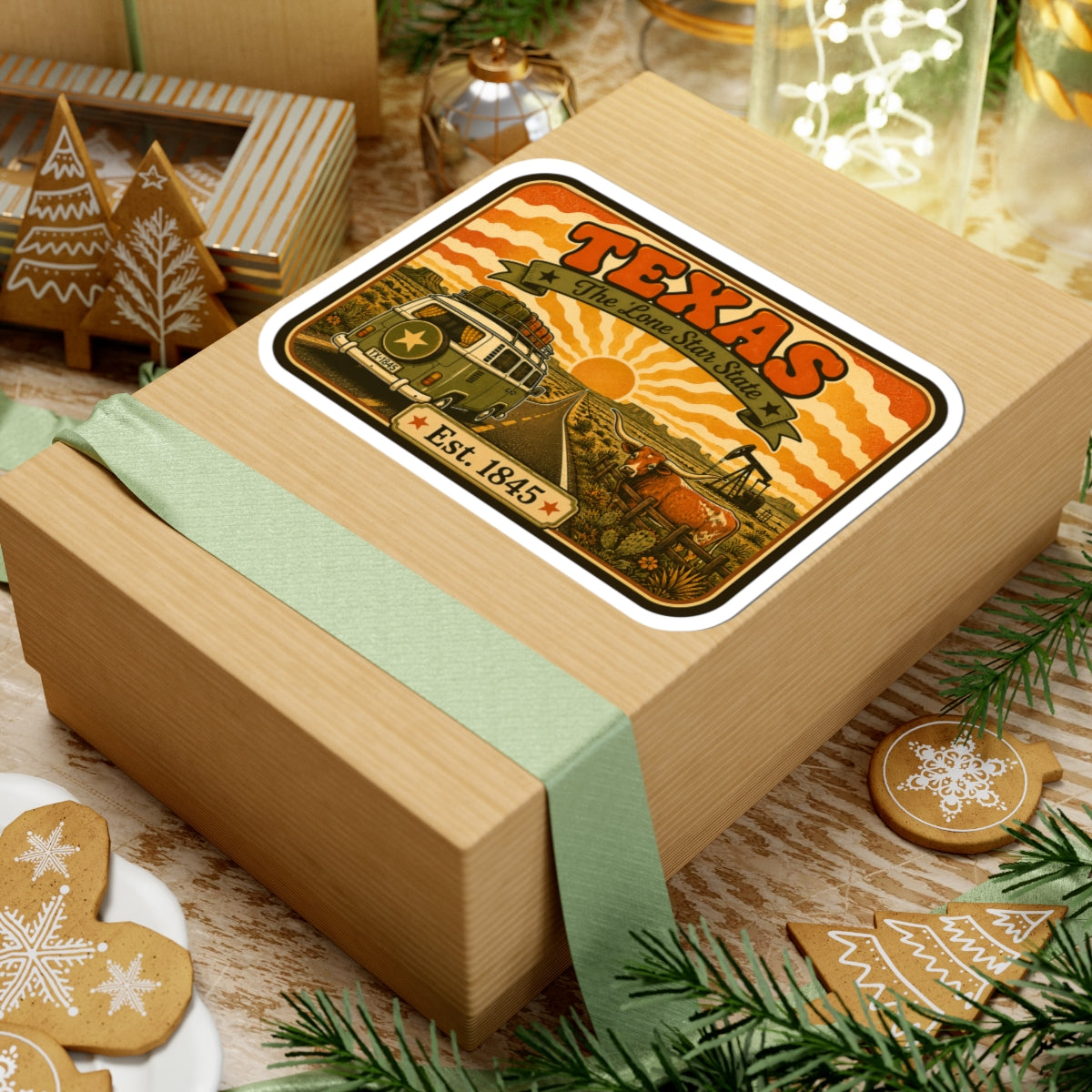 Kiss-cut Texas sticker on wooden gift box with teal ribbon