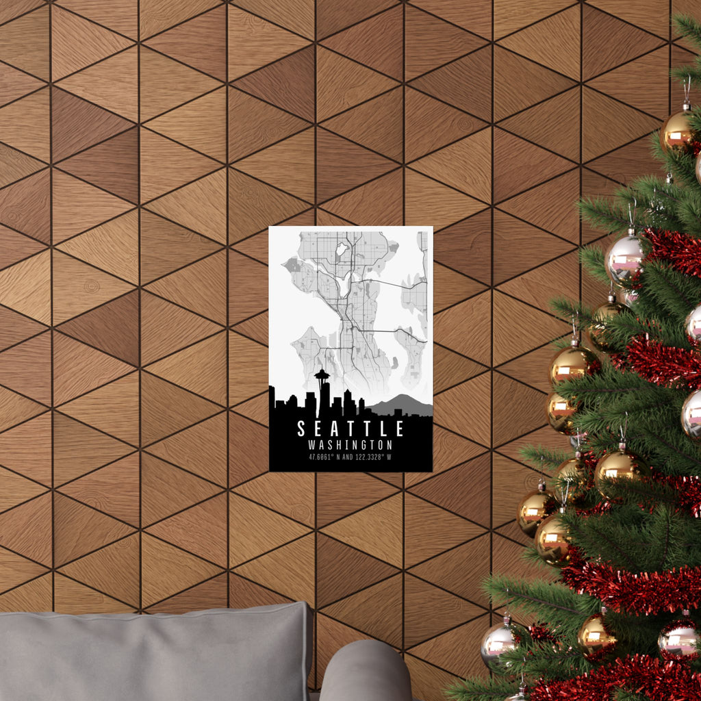 Seattle skyline map poster displayed indoors, matte vertical print with Seattle text