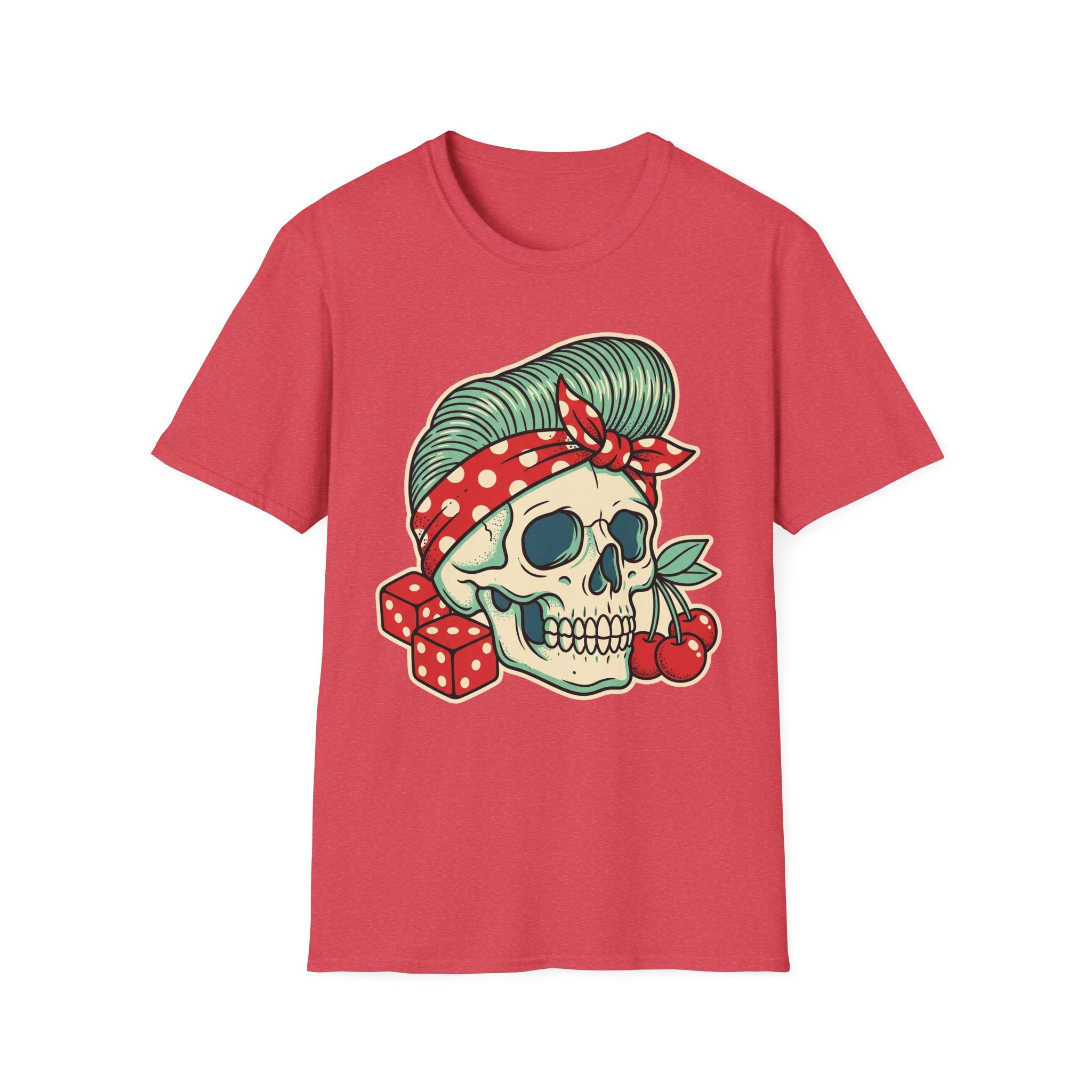 Red rockabilly sugar skull T-shirt with green striped hair and red bandana print