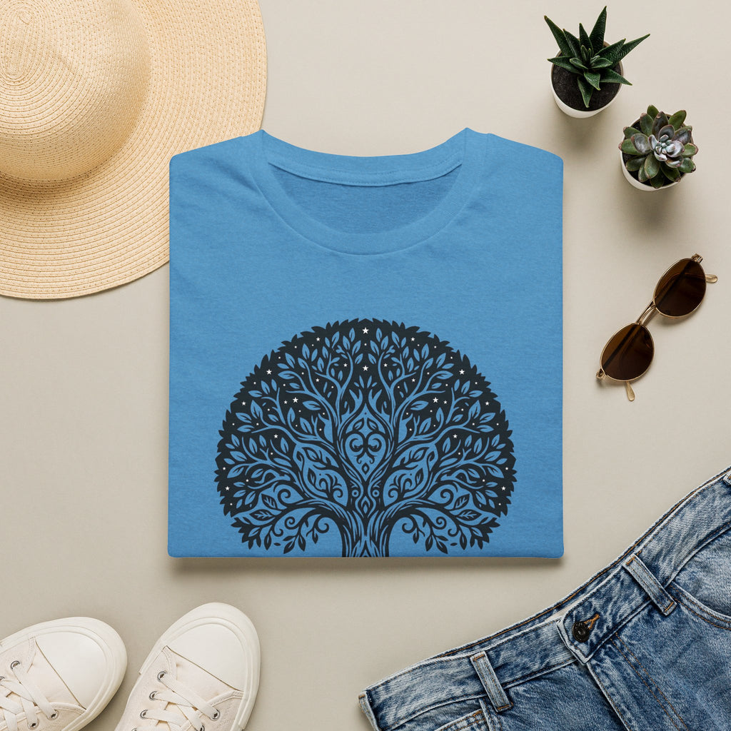 Blue crewneck t-shirt with dark tree of life graphic