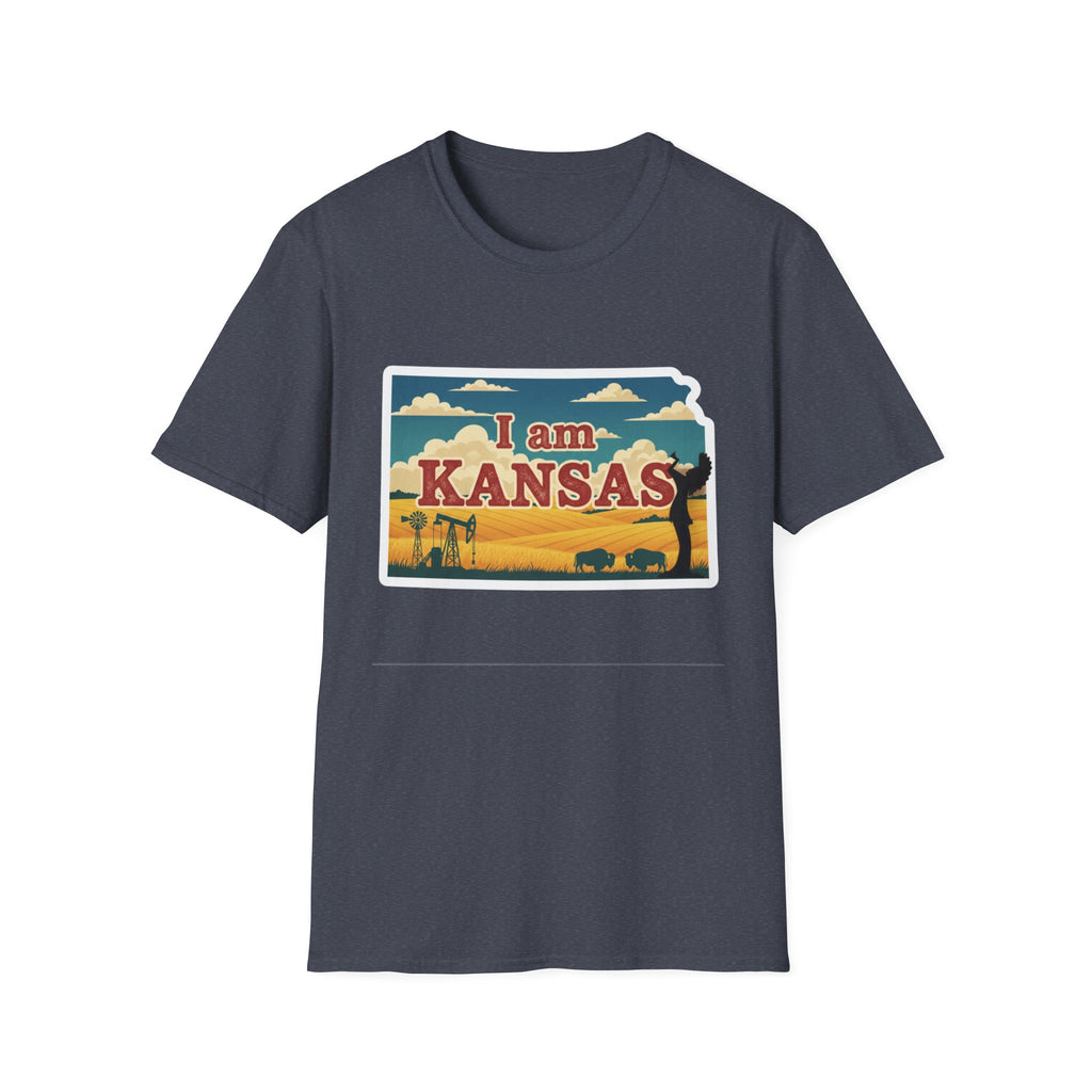 Navy Kansas T-shirt with 'I am KANSAS' framed state graphic and prairie design
