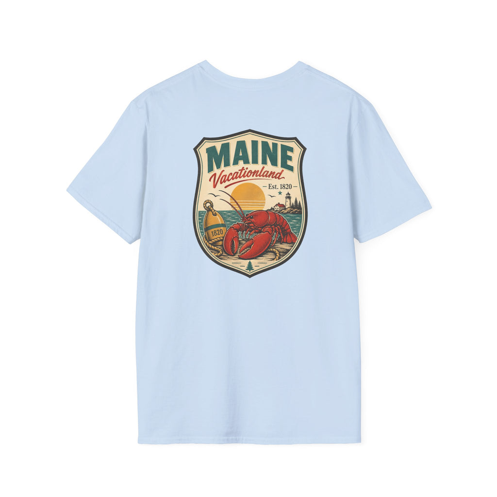 Light blue Maine graphic T-shirt with shield logo and lobster artwork on chest