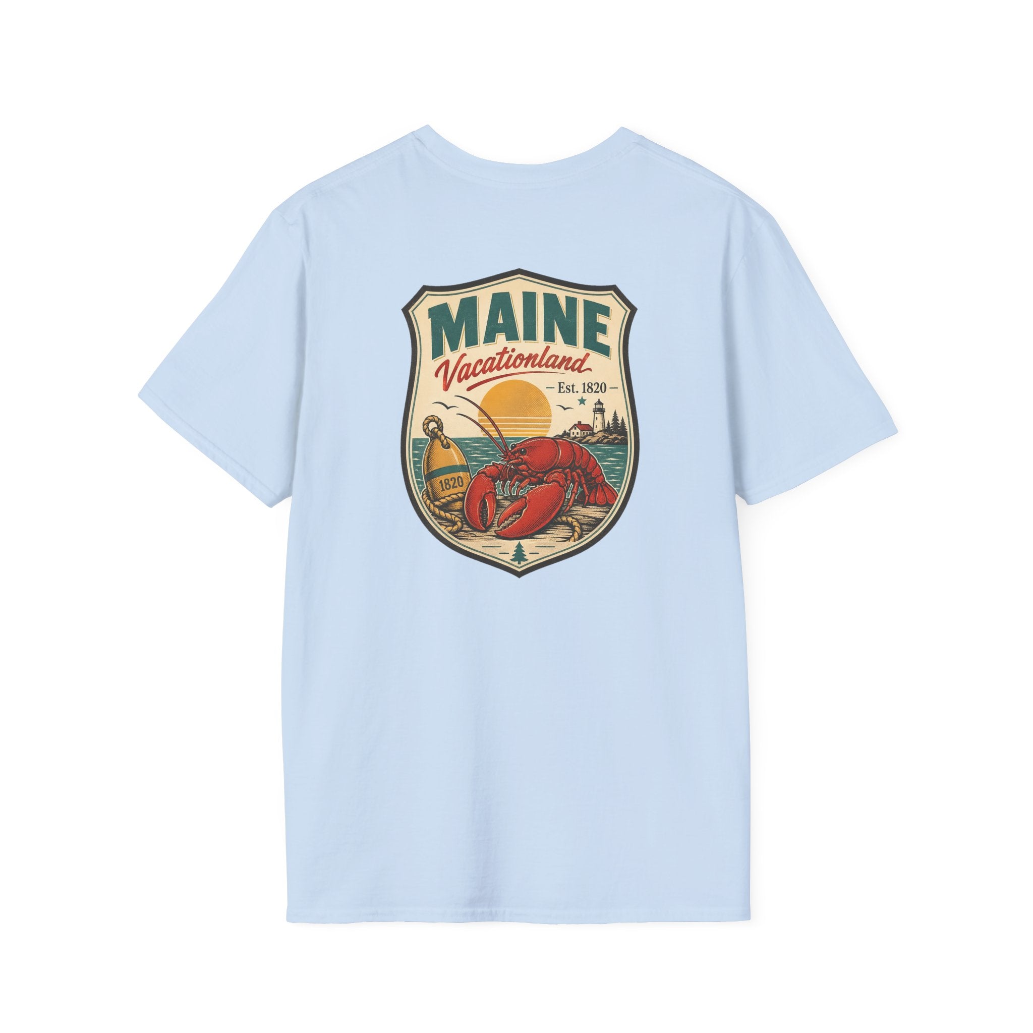 Light blue Maine graphic T-shirt with shield logo and lobster artwork on chest