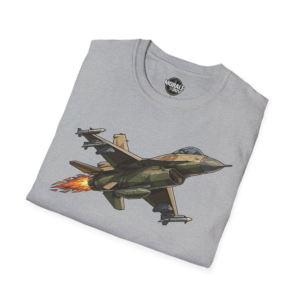 Sport gray fighter jet T-shirt with camouflage aircraft graphic and orange flame accents