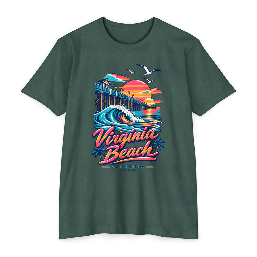 Forest green t-shirt with retro beach pier wave and seagull graphic