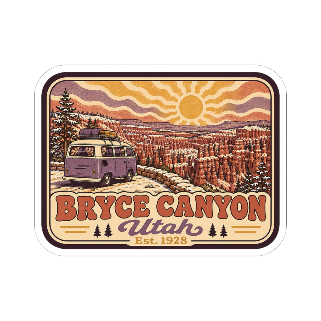 Kiss-cut Bryce Canyon Utah sticker featuring purple camper van in desert canyon landscape