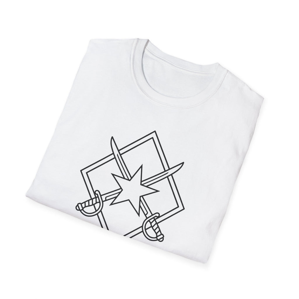 White T-shirt with crew neck and front graphic of crossed swords and star emblem