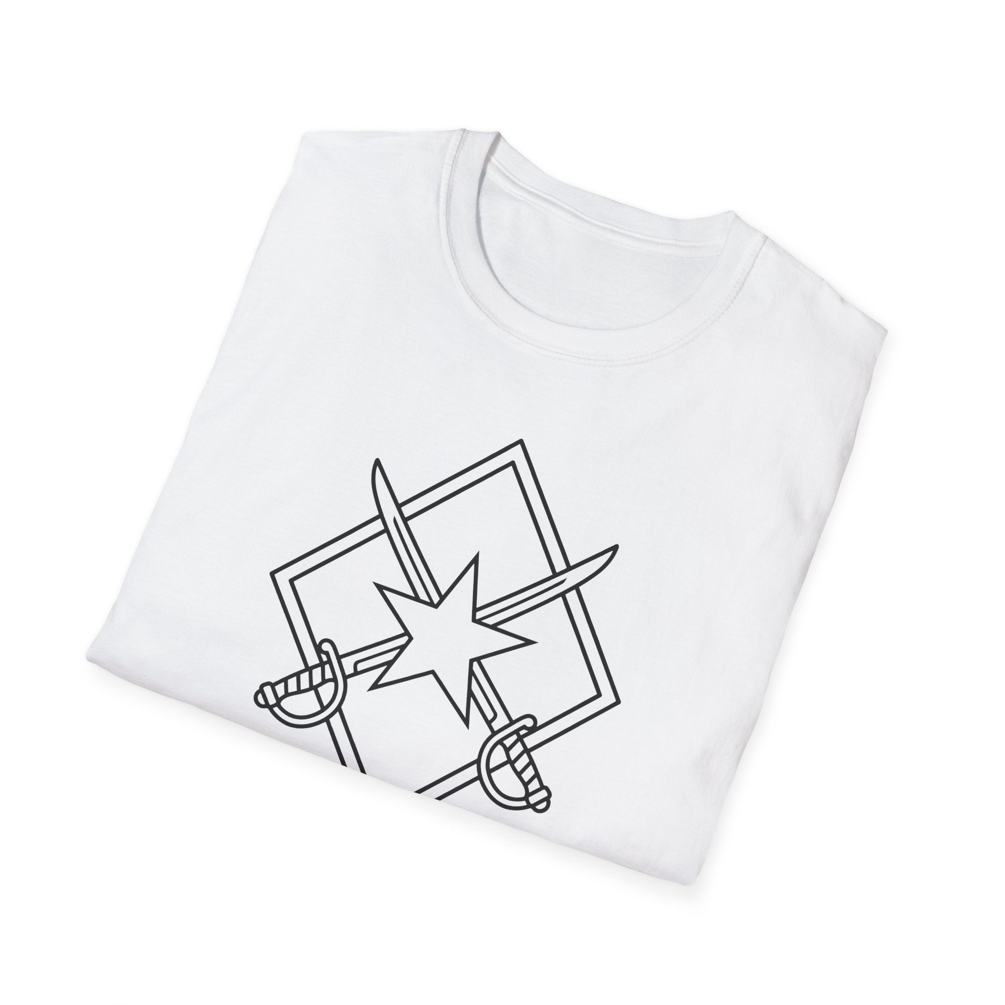 White T-shirt with crew neck and front graphic of crossed swords and star emblem