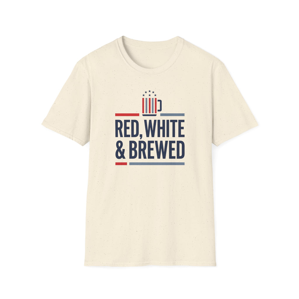 Cream unisex T-shirt with “RED, WHITE & BREWED” graphic logo on front.