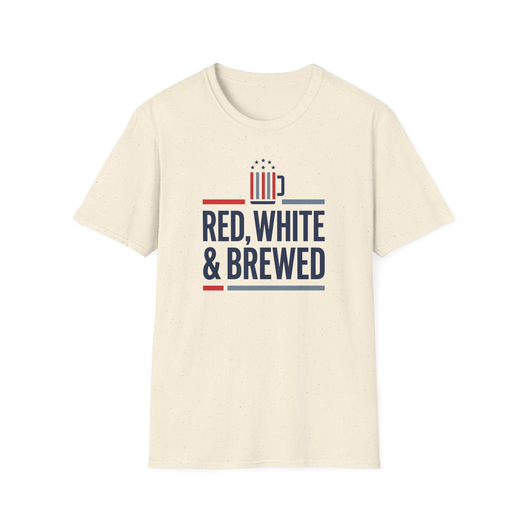 Cream unisex T-shirt with “RED, WHITE & BREWED” graphic logo on front.