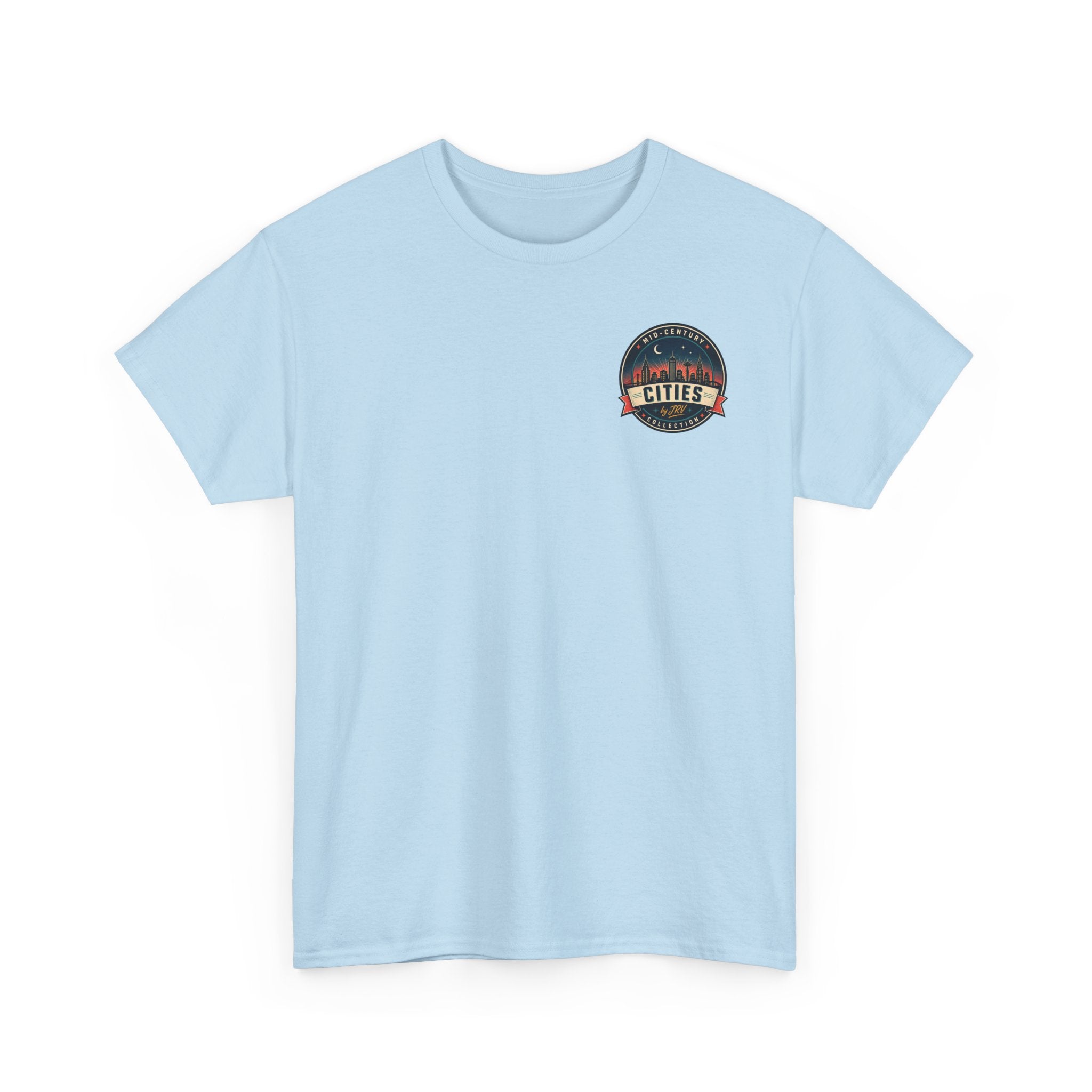 Light blue T-shirt with small circular Cities badge on left chest