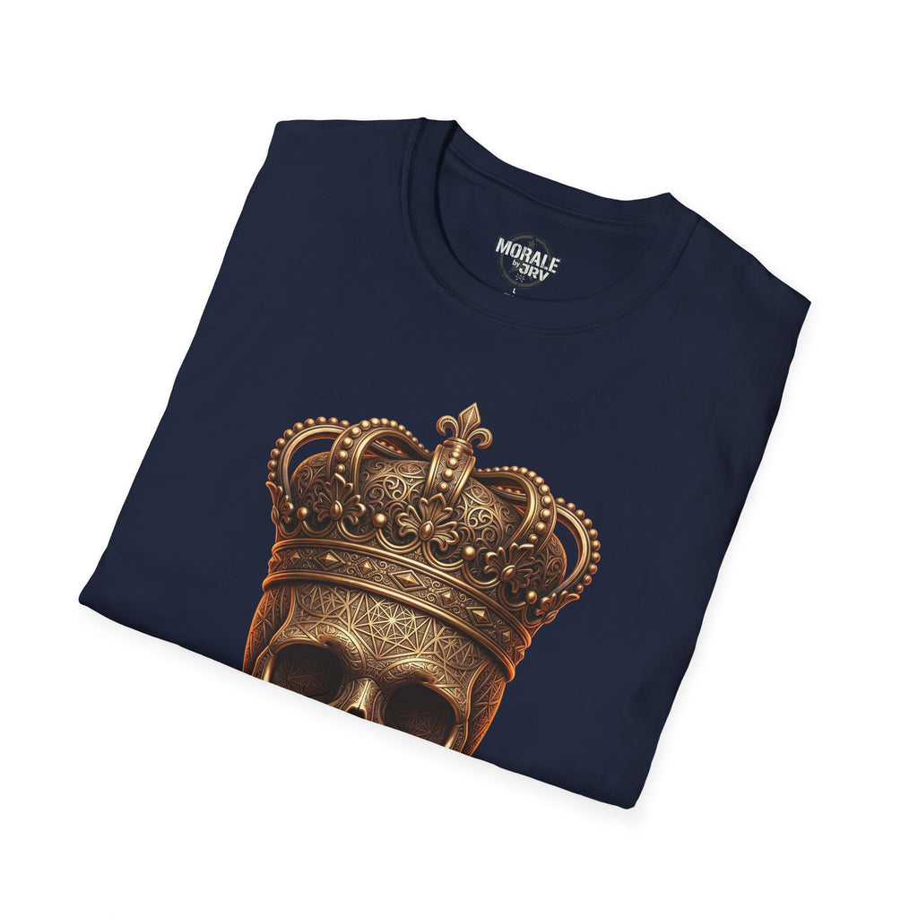 Navy T-shirt with gold crowned skull and ornate crown graphic on chest