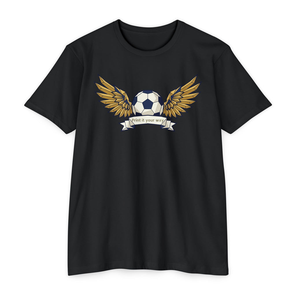 Black unisex soccer T-shirt with winged soccer ball graphic on the chest