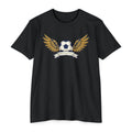 Black unisex soccer T-shirt with winged soccer ball graphic on the chest