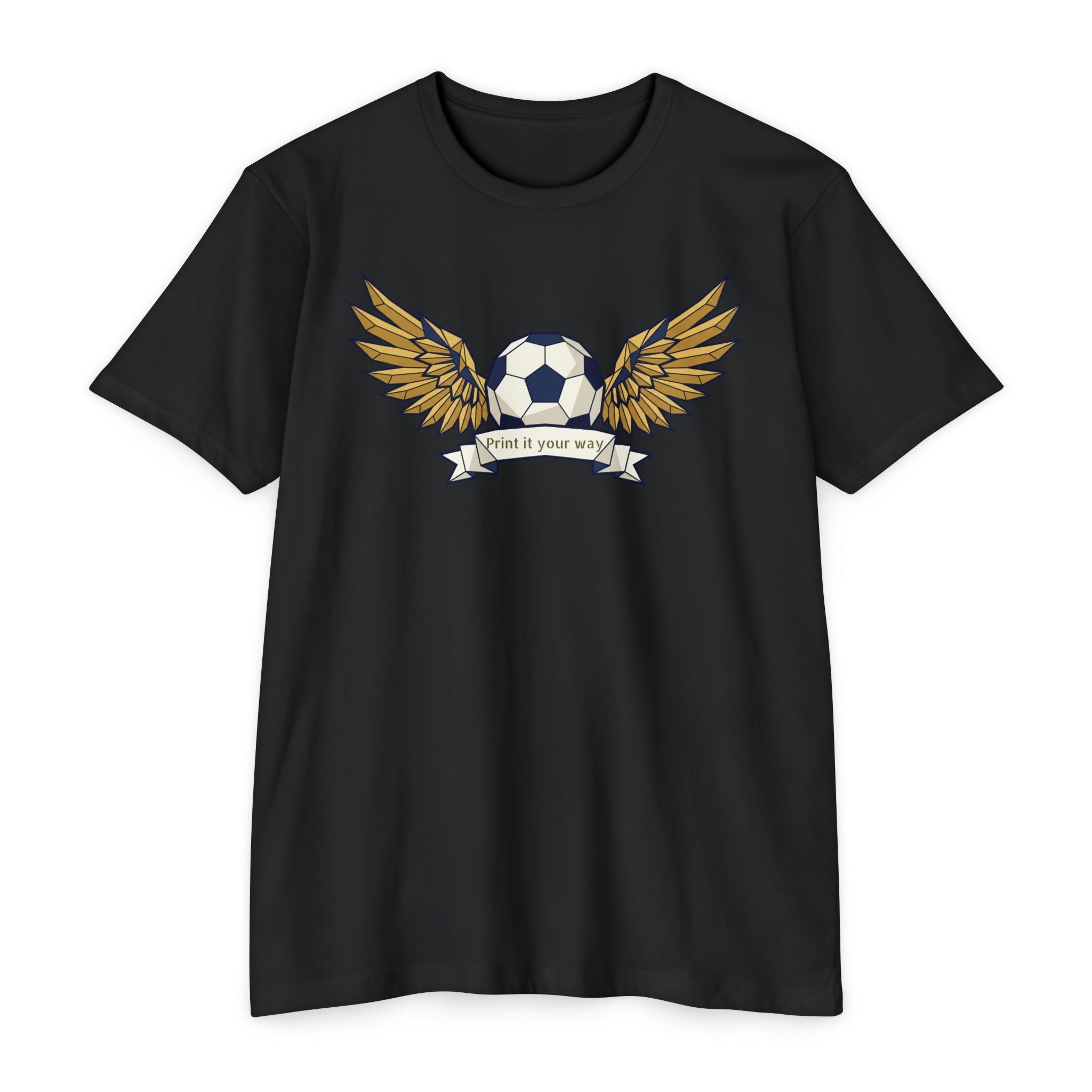 Black unisex soccer T-shirt with winged soccer ball graphic on the chest
