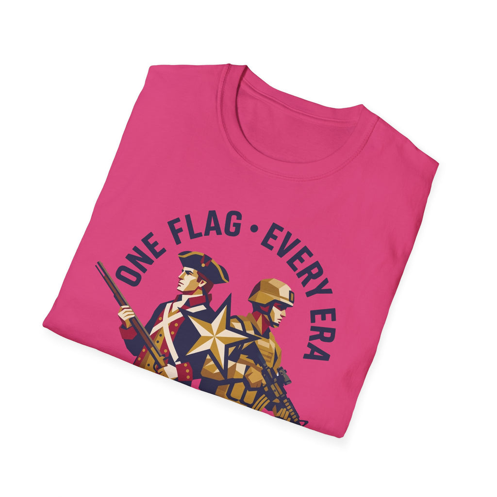 Purple crew-neck t-shirt with ONE FLAG • EVERY ERA soldier graphic