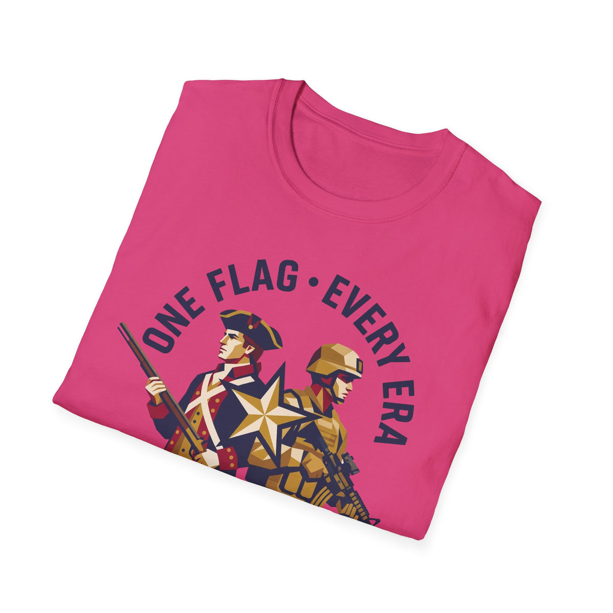 Purple crew-neck t-shirt with ONE FLAG • EVERY ERA soldier graphic