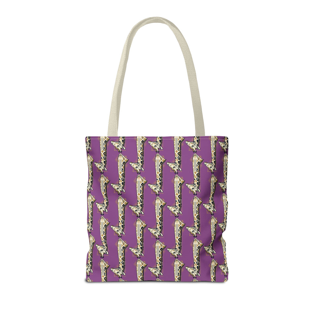 Purple tote bag with repeating saxophone pattern and light top handles