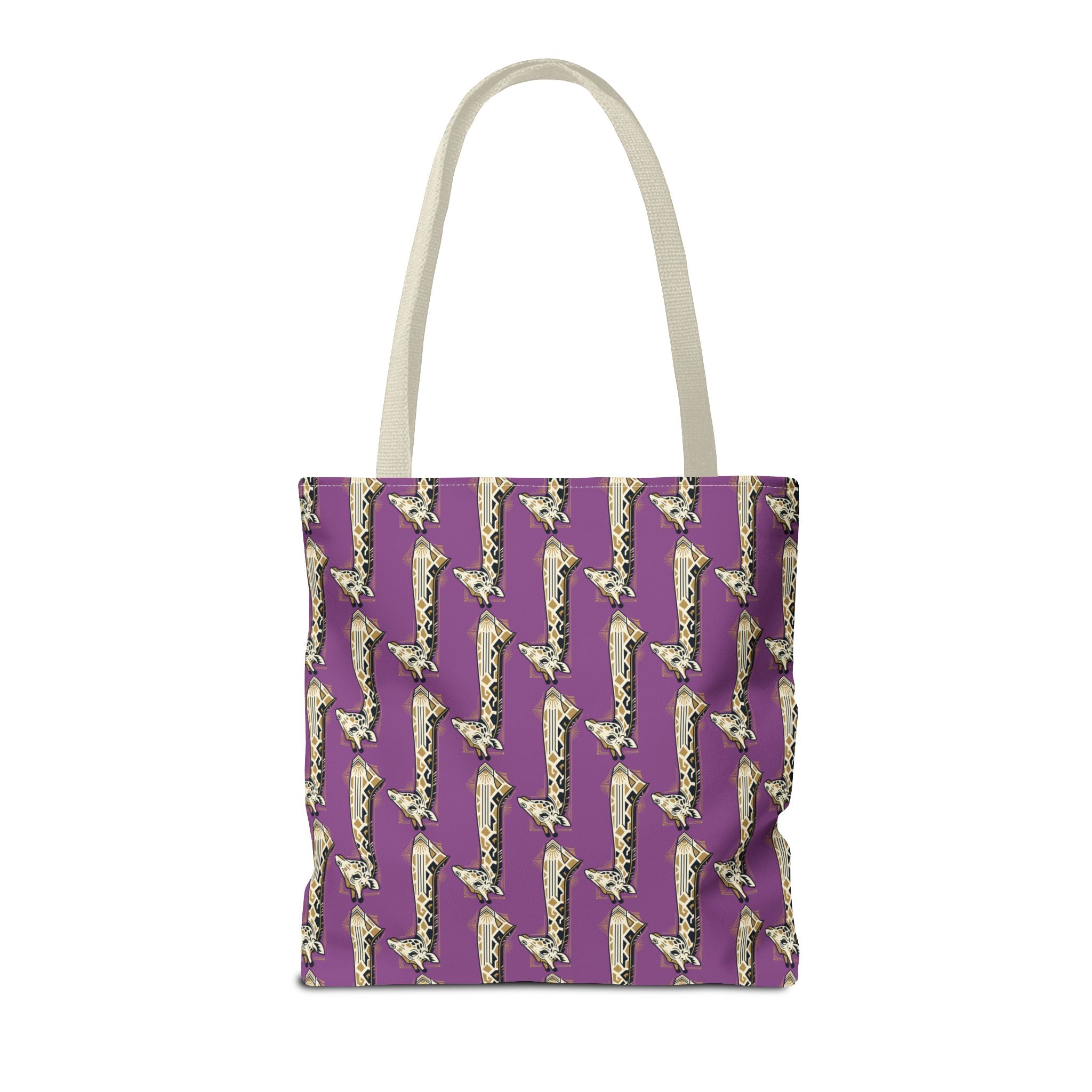 Purple tote bag with repeating saxophone pattern and light top handles