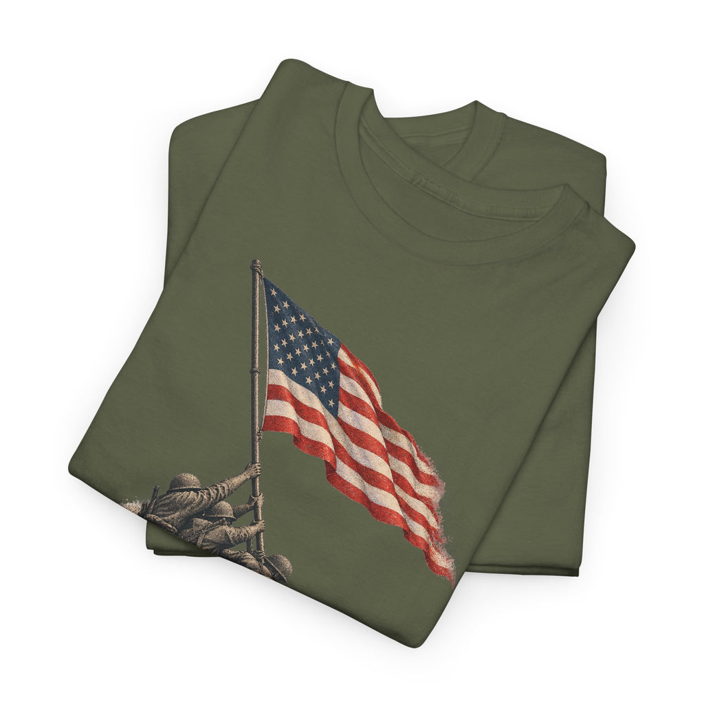 Military green crewneck T-shirt with flag-raising graphic front