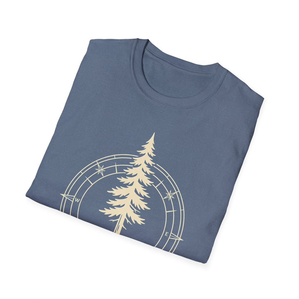 Heather blue T-shirt with compass circle and pine tree graphic on the chest