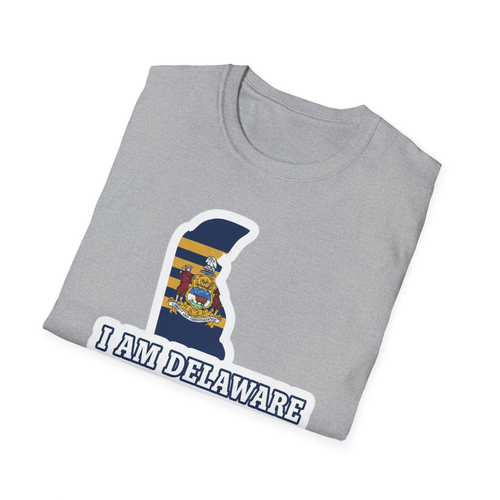 Sport Grey I Am Delaware T-shirt with Delaware outline flag graphic and 'I AM DELAWARE' text