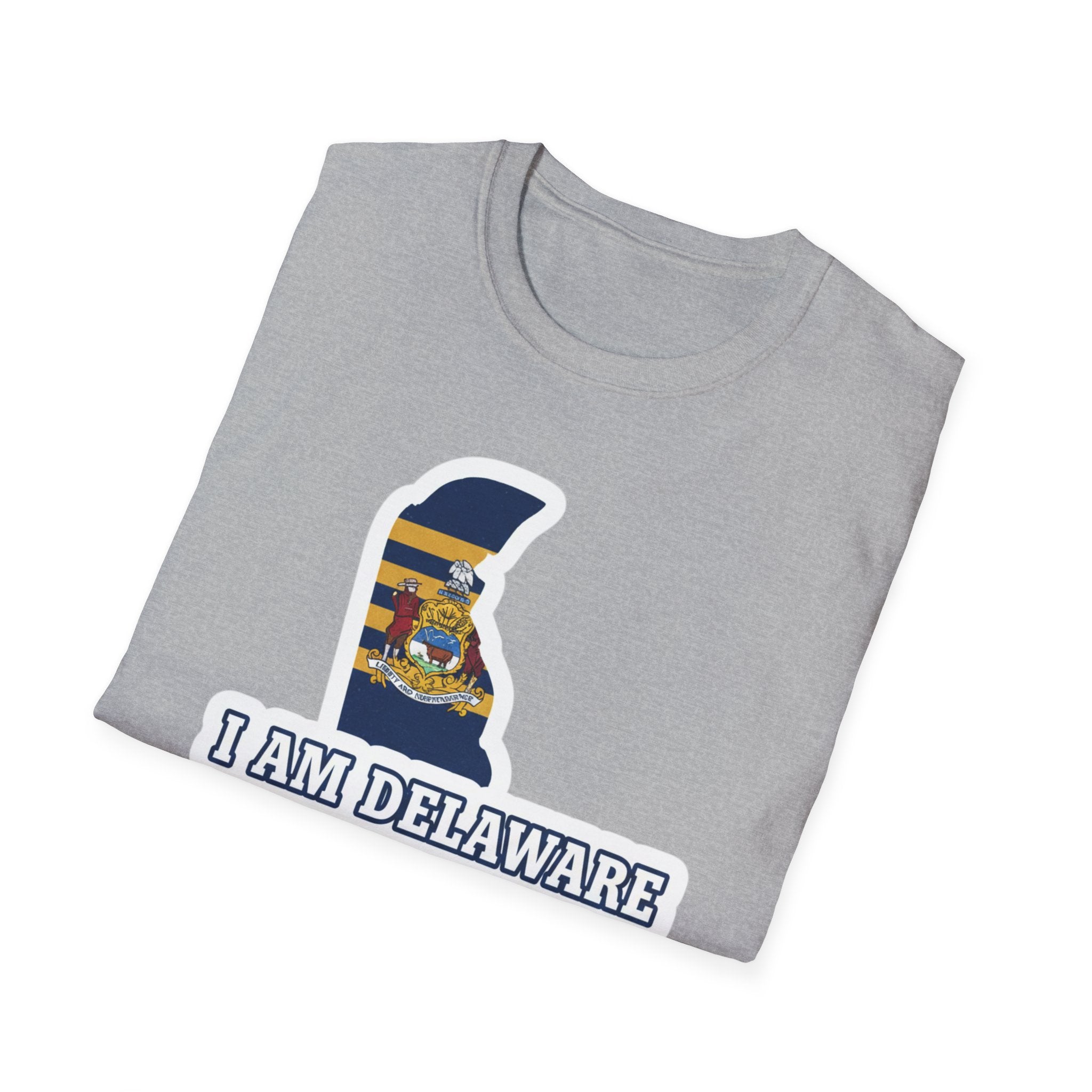 Sport Grey I Am Delaware T-shirt with Delaware outline flag graphic and 'I AM DELAWARE' text