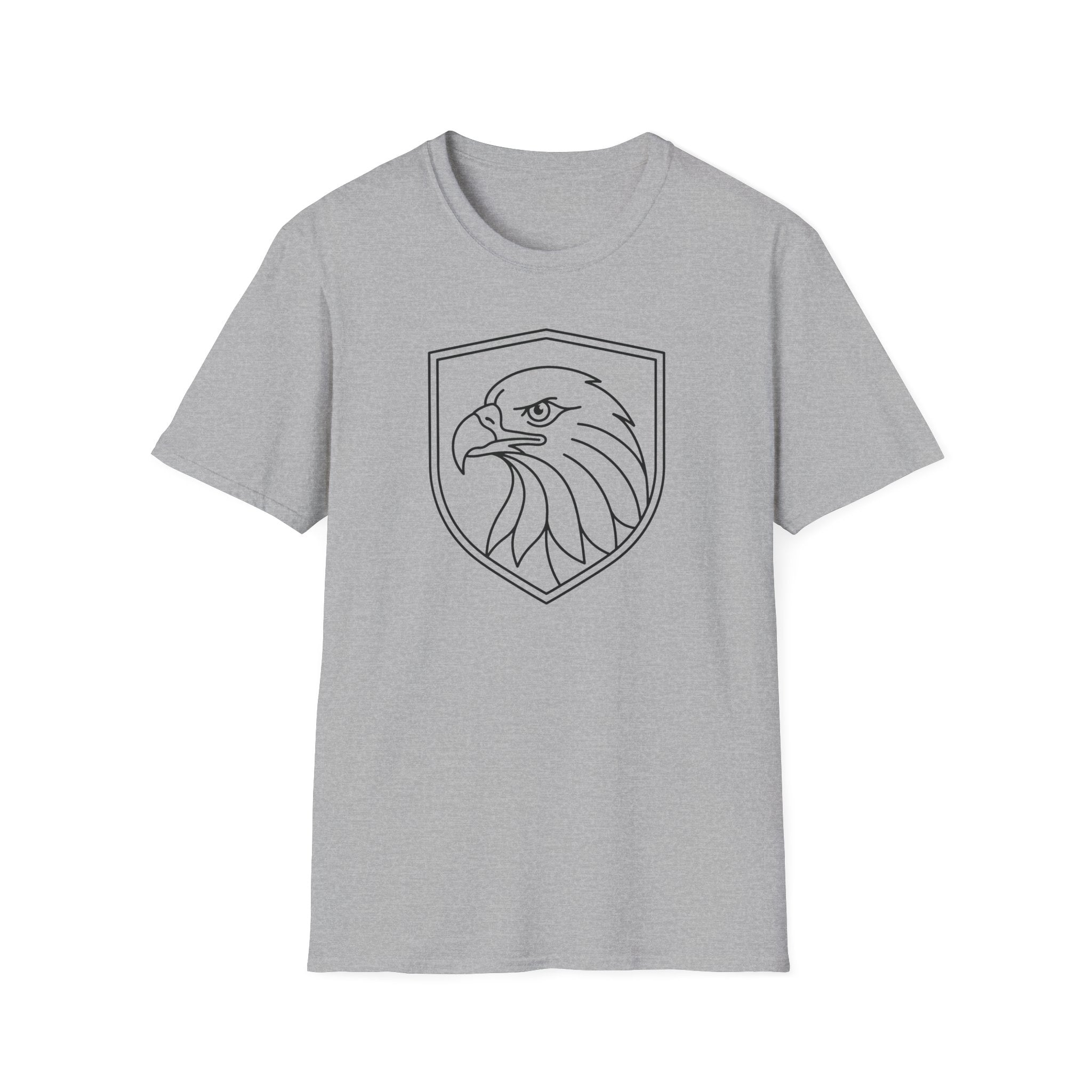 Light gray T-shirt with outlined shield eagle head graphic on the front.