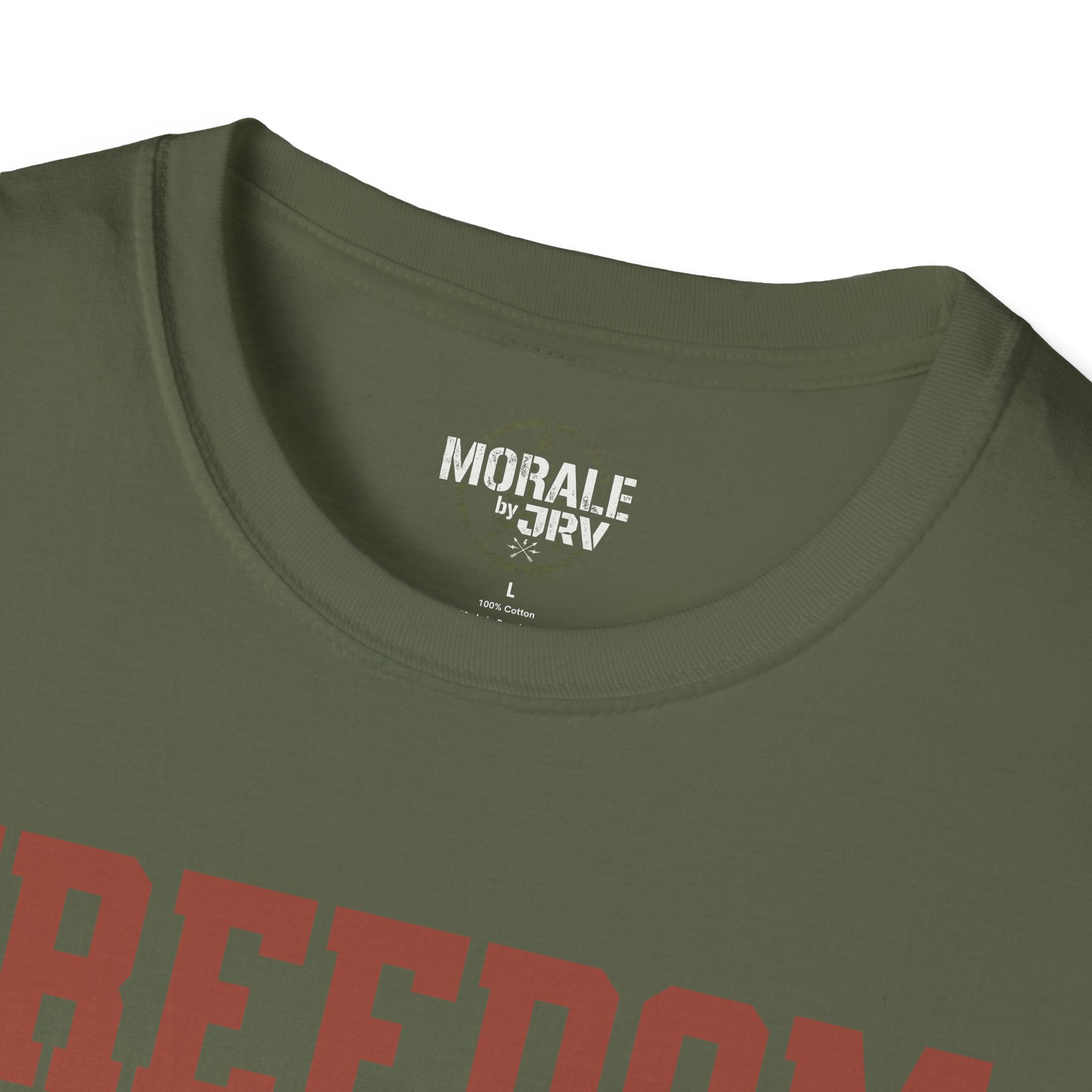 Military Green crew neck with small chest logo label on inner collar