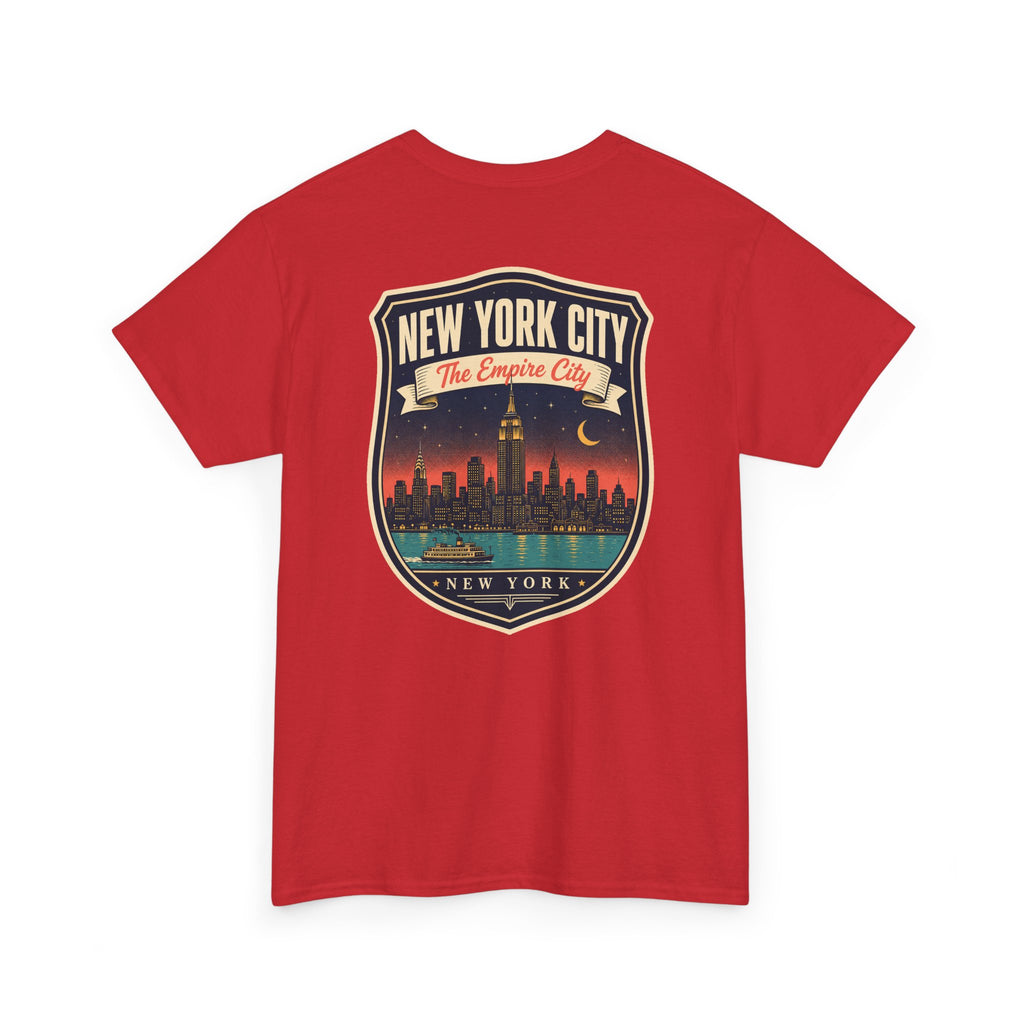 Red T-shirt with New York City skyline badge graphic