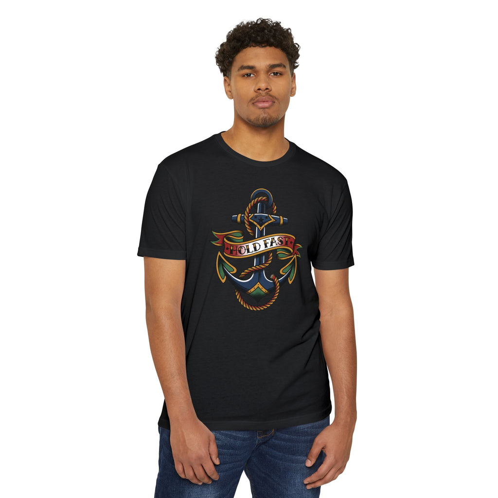 Black crew-neck T-shirt with colorful nautical anchor chest graphic