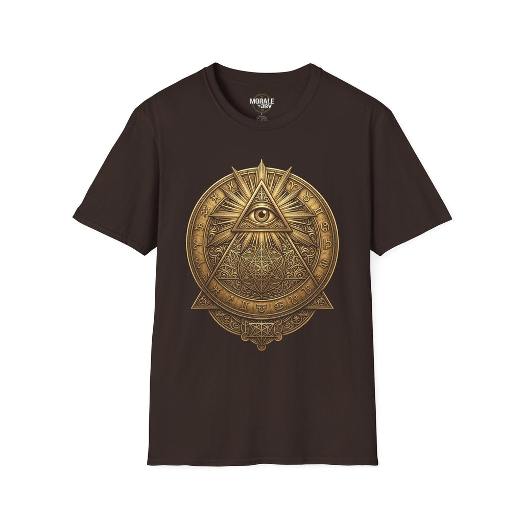Dark brown t-shirt with gold all-seeing eye mandala pyramid symbol