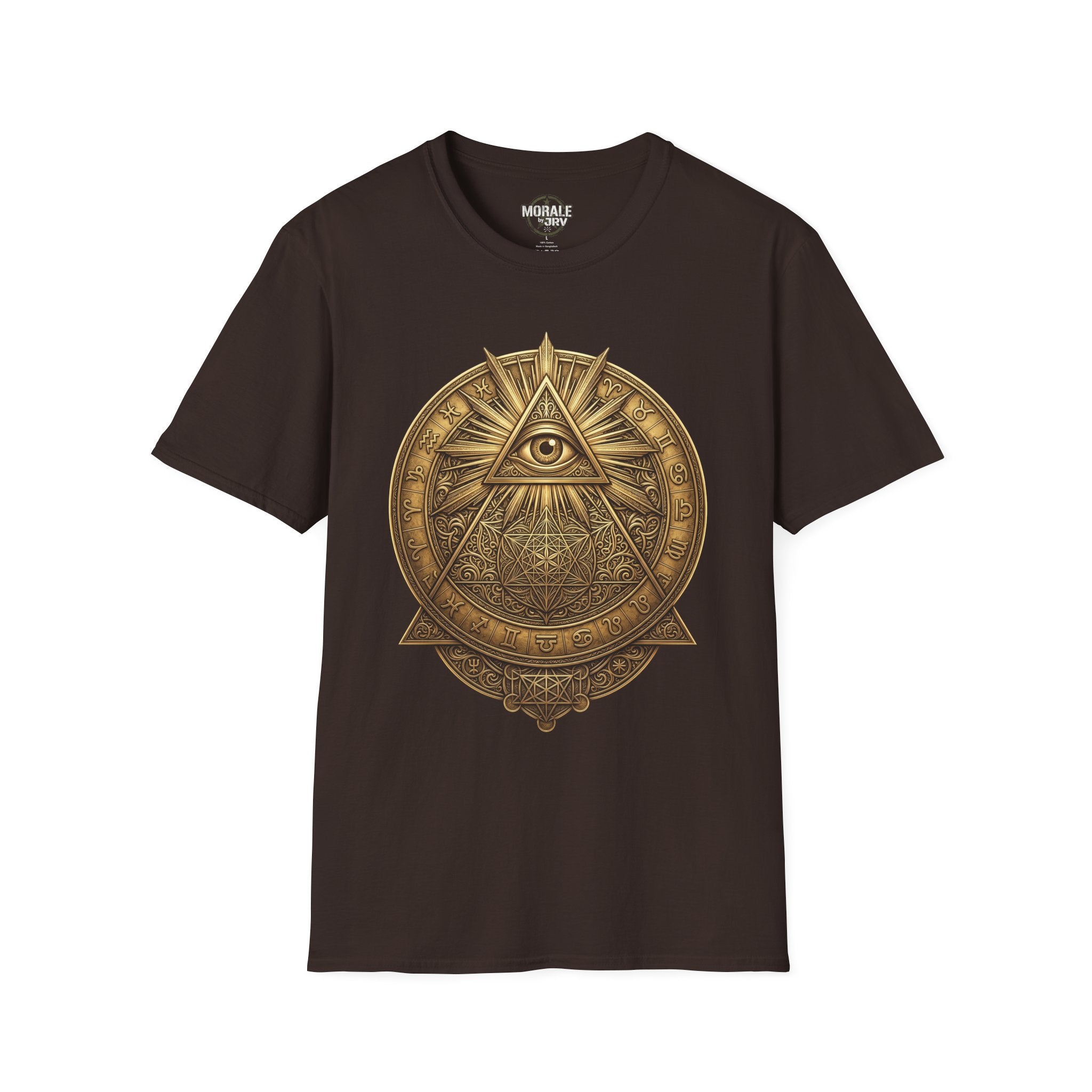 Dark brown t-shirt with gold all-seeing eye mandala pyramid symbol