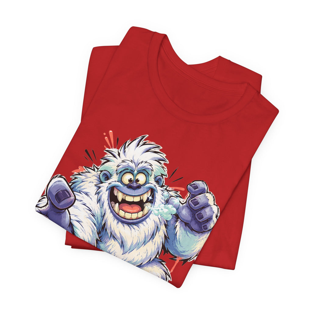 Red T-shirt with cartoon snow monster graphic, blue fur and raised fists
