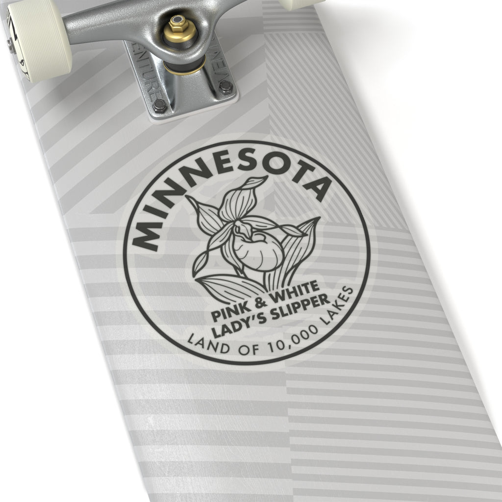 Transparent vinyl circular Minnesota state flower sticker with lady slipper graphic, text