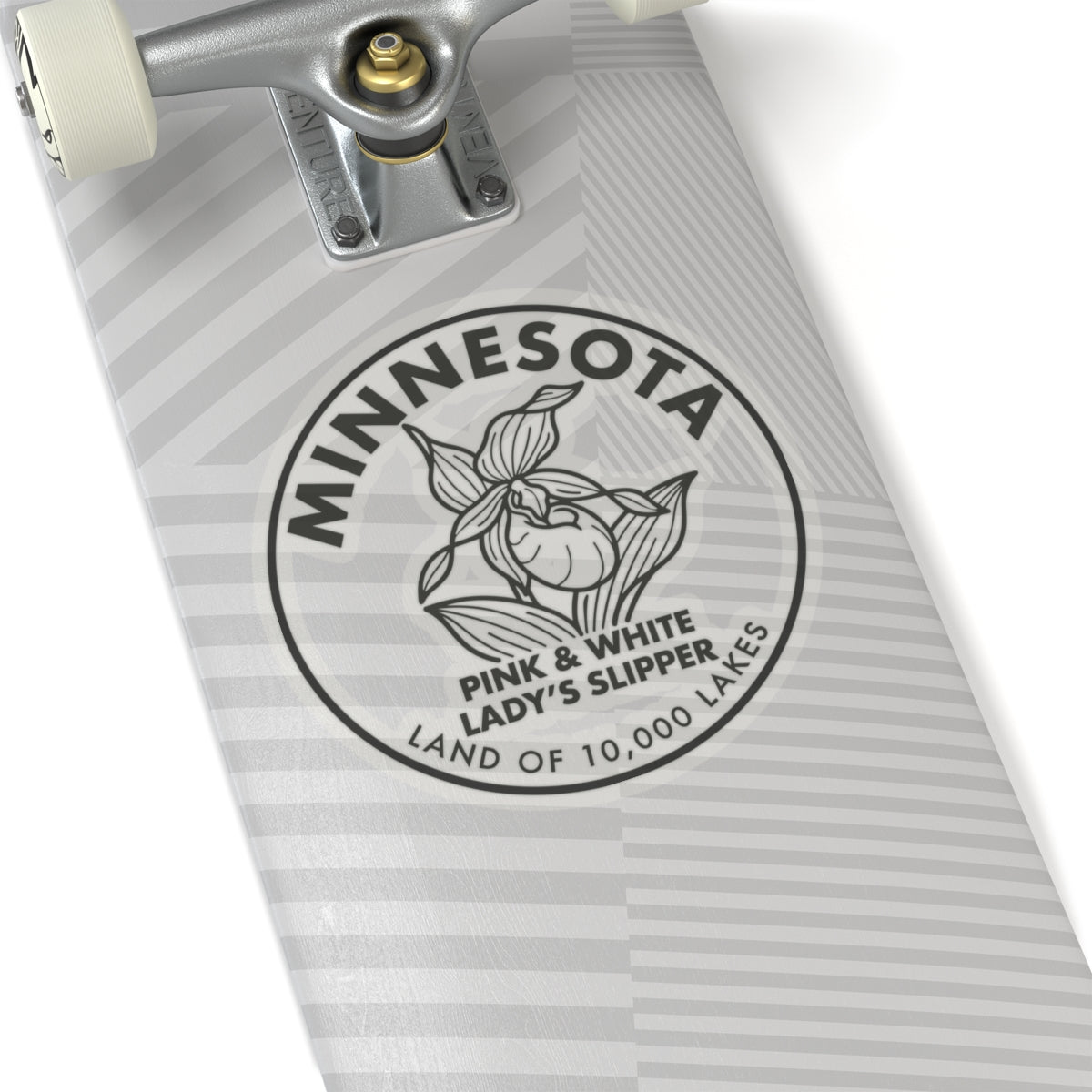 Transparent vinyl circular Minnesota state flower sticker with lady slipper graphic, text