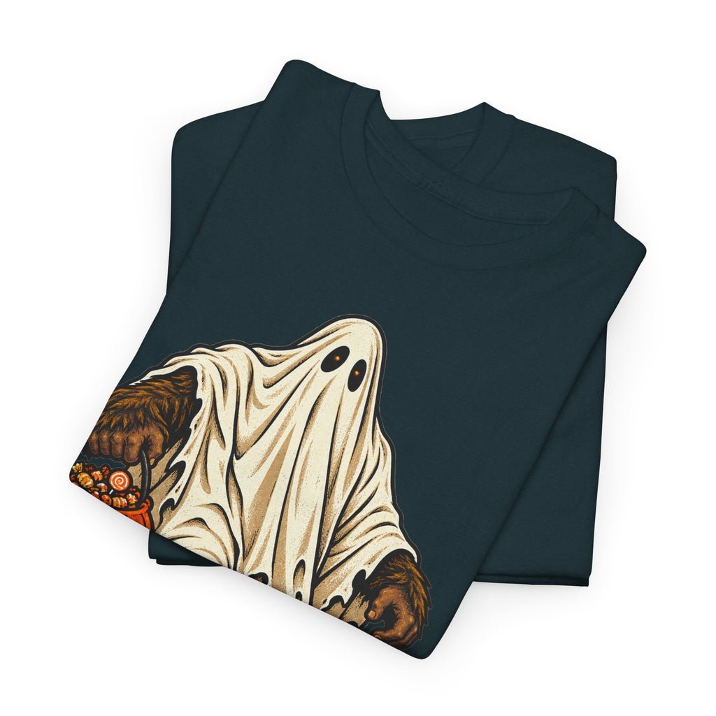 Deep teal Halloween T-shirt with retro pumpkin sasquatch graphic, crew neck short sleeves