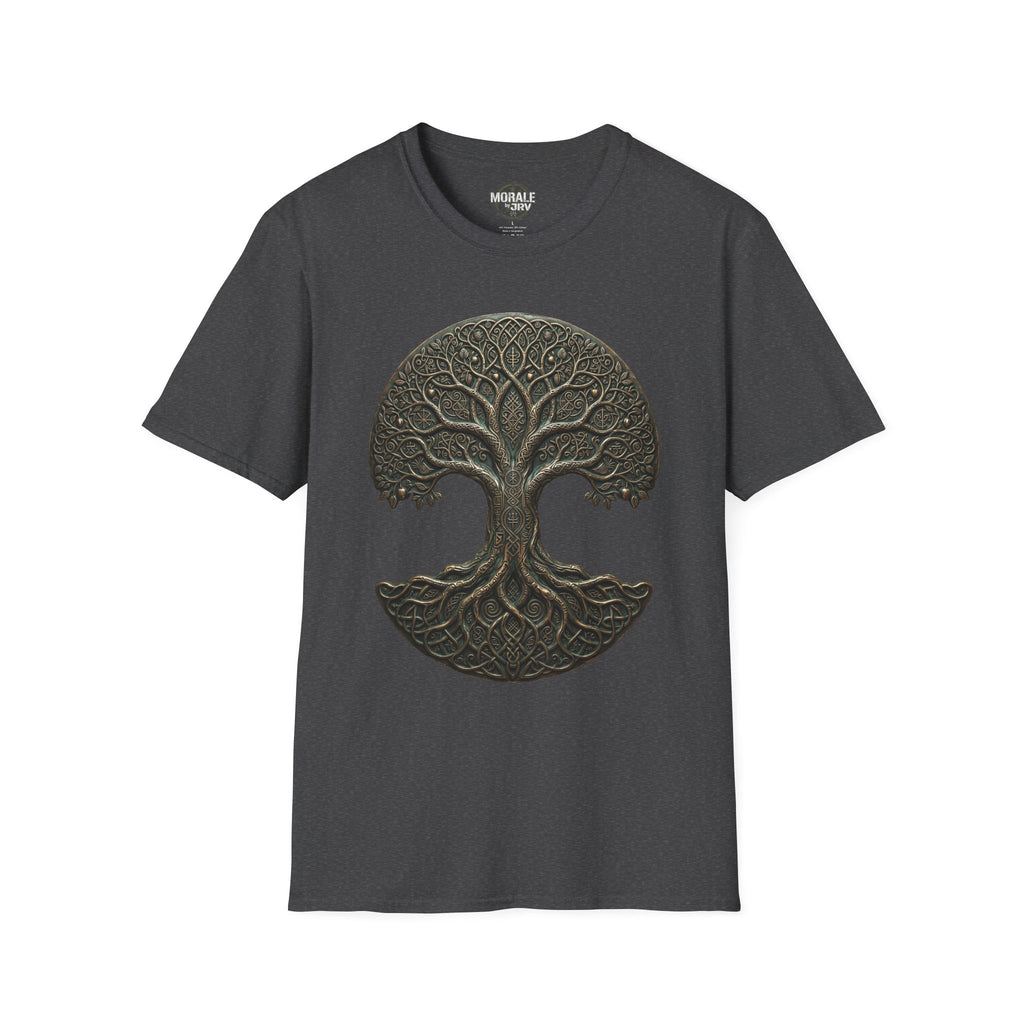 T-Shirt mit keltischem Baum-des-Lebens-Mandala-Print, dunkelgrün auf Dark Heather