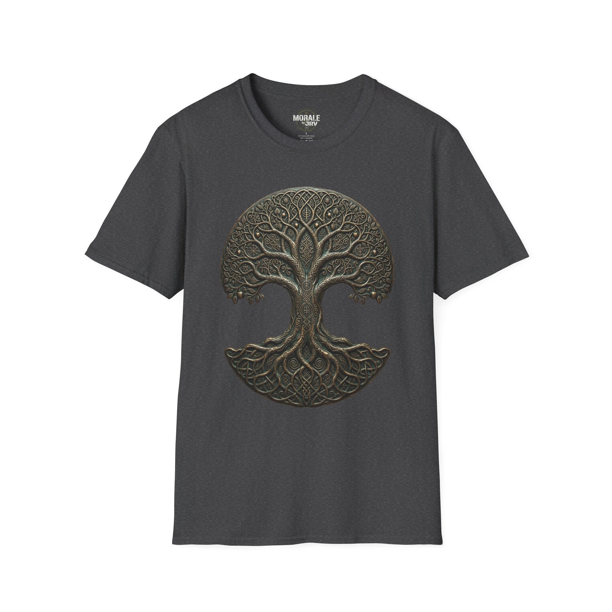 T-Shirt mit keltischem Baum-des-Lebens-Mandala-Print, dunkelgrün auf Dark Heather