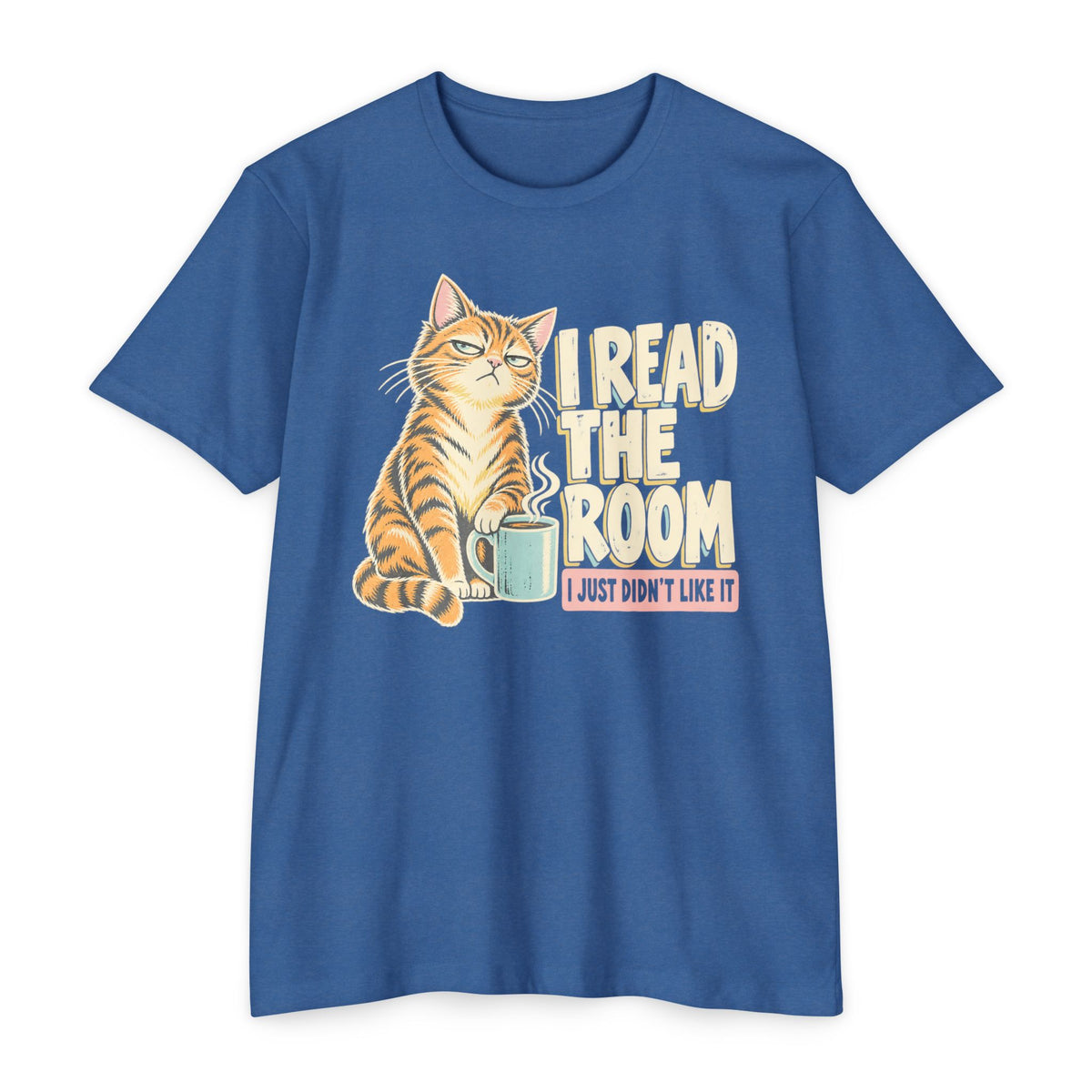 Blue crew-neck short-sleeve cat T-shirt with “I Read the Room” graphic and mug