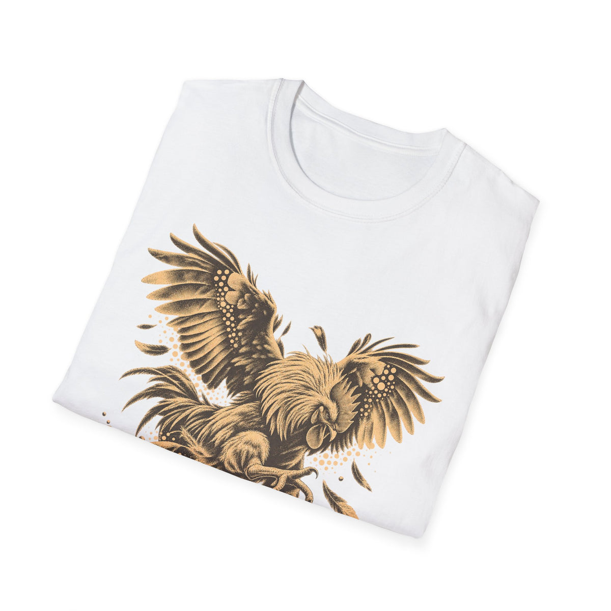 White crewneck short-sleeve T-shirt with gold eagle wing graphic across chest