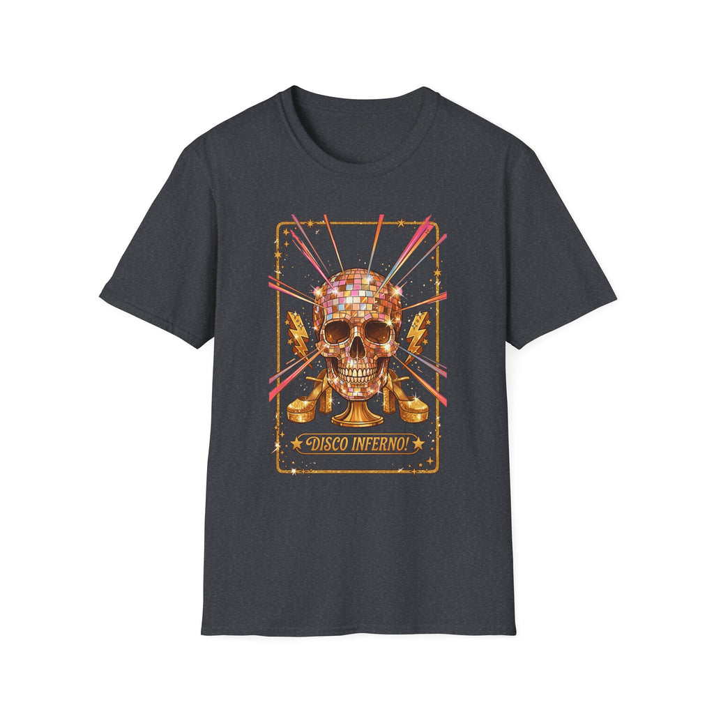 Disco Inferno Skull T-Shirt, dark charcoal—disco skull illustration with “Disco Inferno”