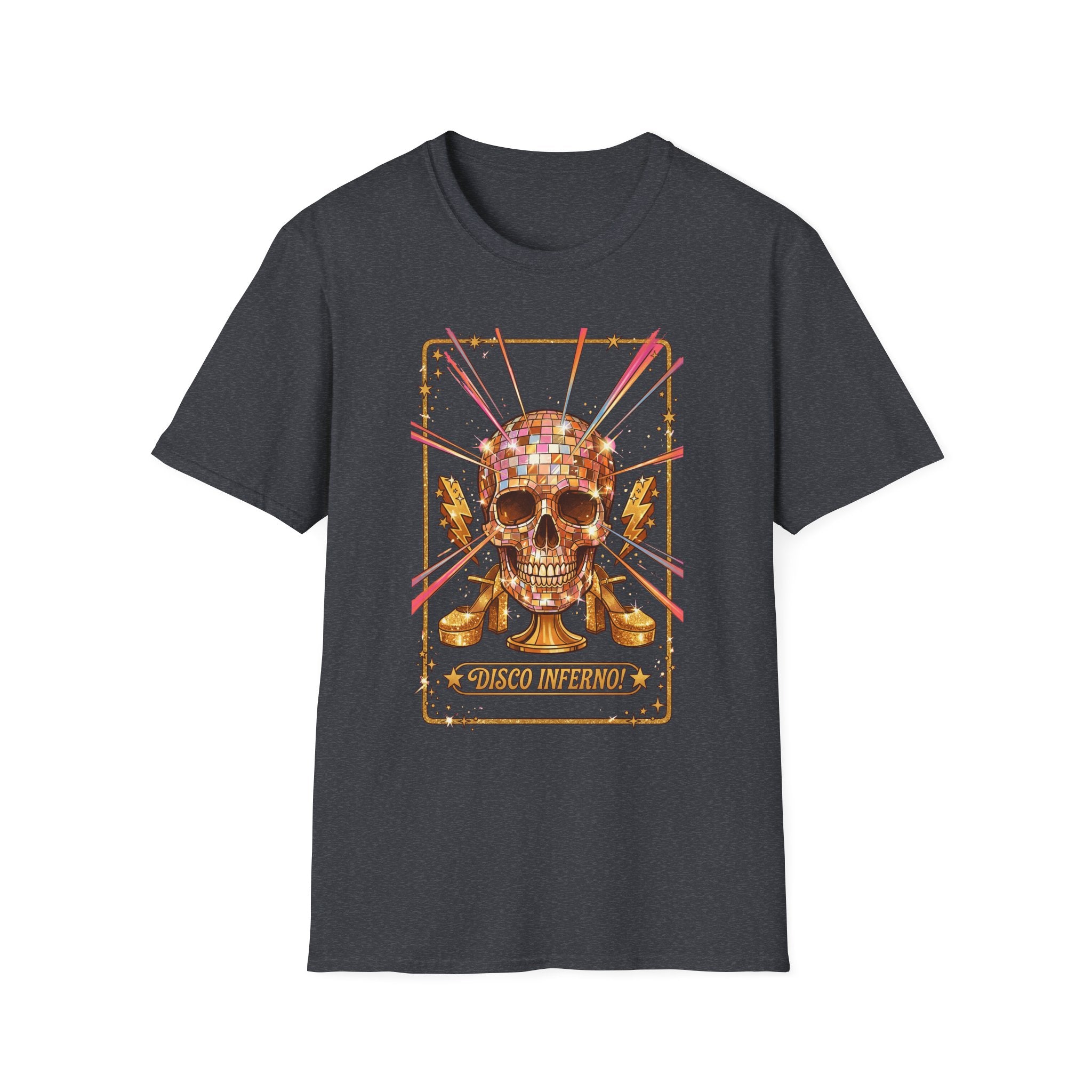 Disco Inferno Skull T-Shirt, dark charcoal—disco skull illustration with “Disco Inferno”