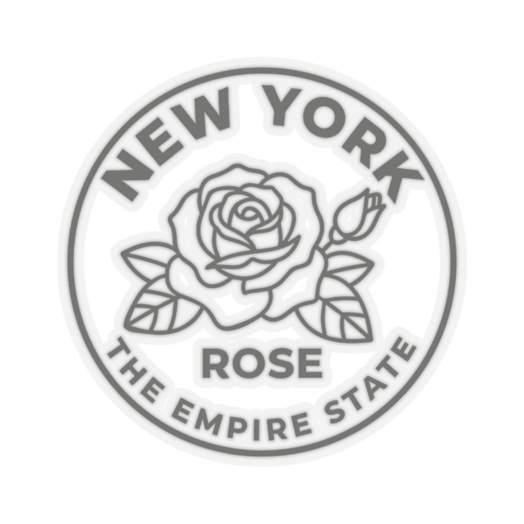 Circular rose state sticker with “NEW YORK,” rose icon, and “THE EMPIRE STATE” text
