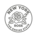 Circular rose state sticker with “NEW YORK,” rose icon, and “THE EMPIRE STATE” text