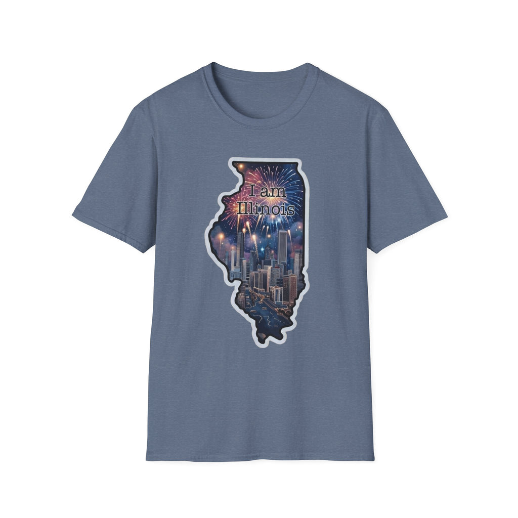 Illinois skyline state map T-shirt in slate blue with front graphic print
