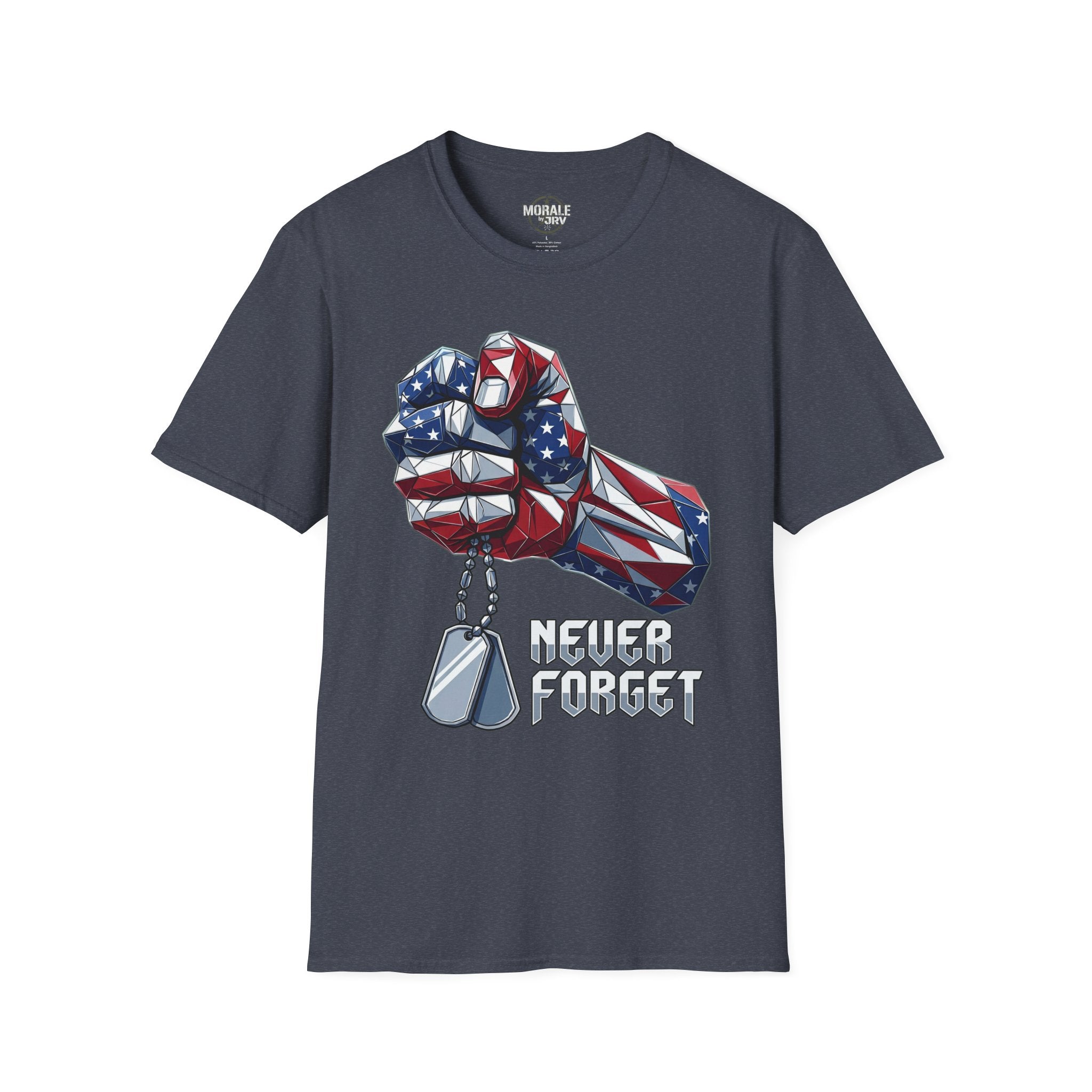 Charcoal t-shirt with geometric patriotic fist, dog tags, and “Never Forget” print