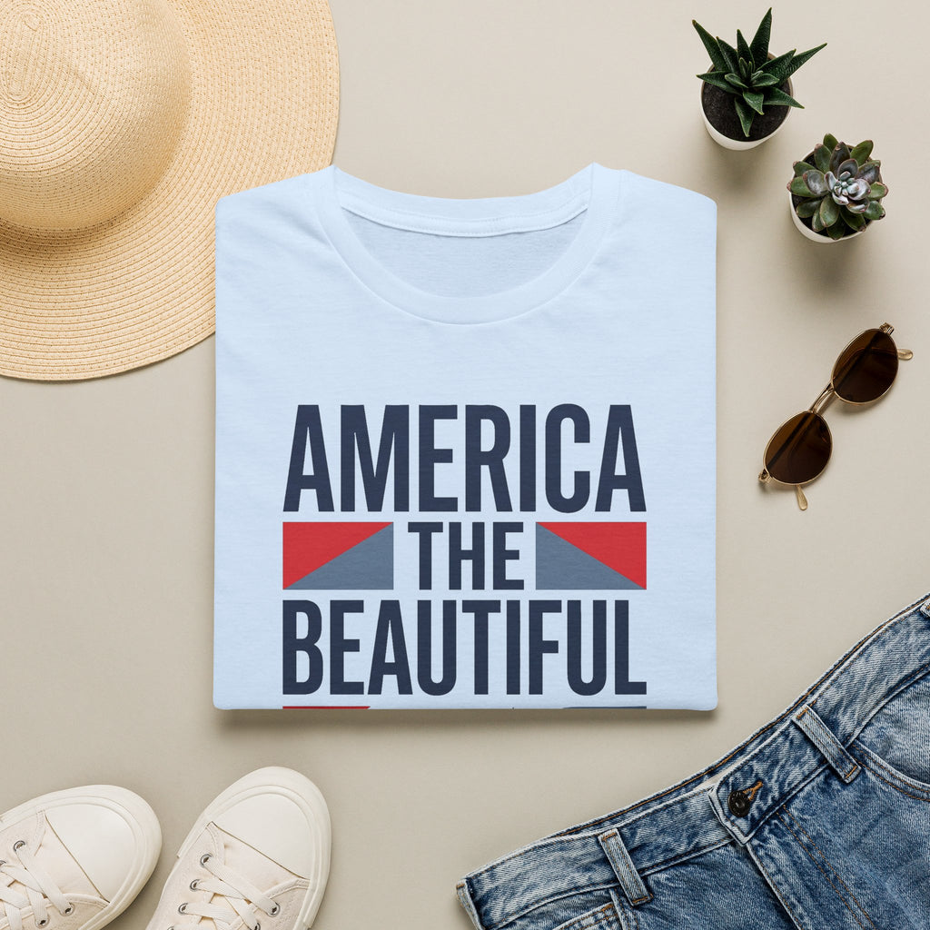 Light blue T-shirt with “America the Beautiful” patriotic graphic on front