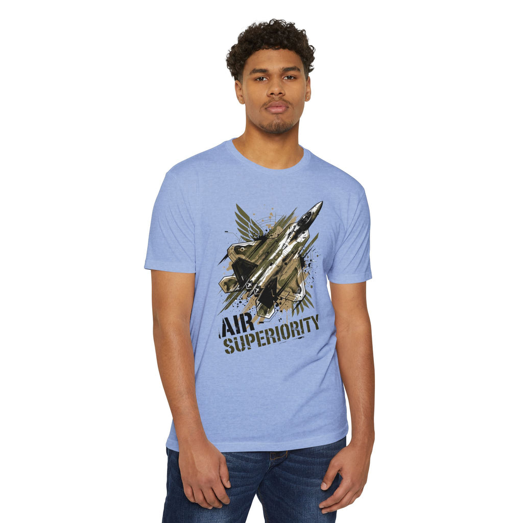 Light blue crewneck T-shirt with gold airplane graphic on front